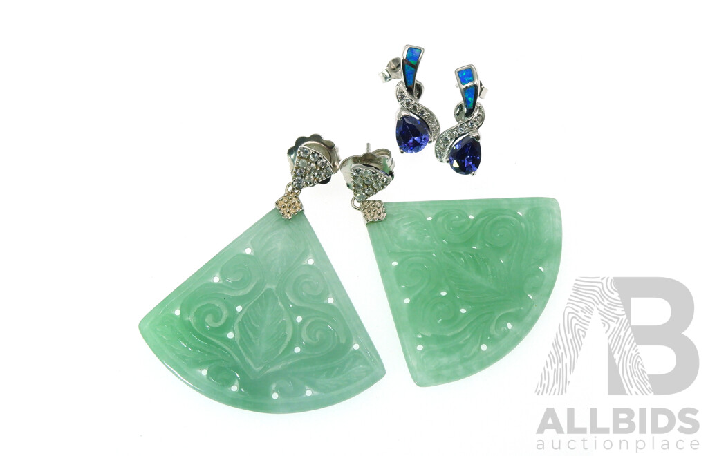 Sterling Silver Carved Green Jade Drop Stud Earrings and SS Drop Stud Earrings Inlaid with Synthetic Opal and Created Tanzanites