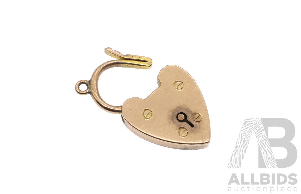 9ct Vintage Heart Shaped Padlock Clasp, 22mm X 15mm, 2.54 Grams