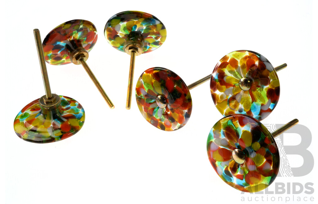 Collection of (6) Matching Art Glass Door Knobs/handles, 50mm Diameter Each with Screw Fittings