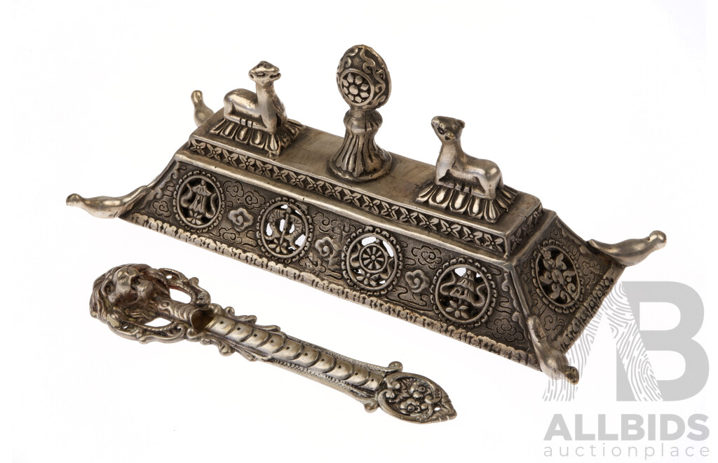 Ornate Silver Tone Asian Desk Ornament with Lion's Head Handle, Missing Fitting