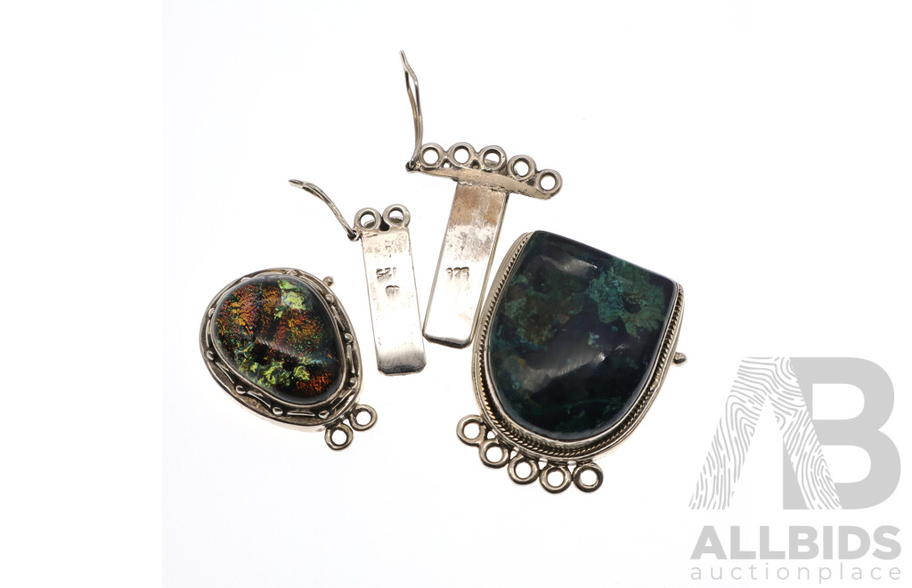 Sterling Silver Clasp with Agate and Sterling Silver Clasp with Sterling Silver Dichroic Glass Clasp, 35.80 Grams