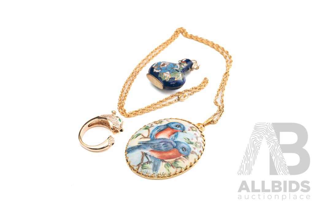 Gold Tone Panther Ring with Pave Cz Detail, Vintage Cloisonne Vessel Pendant and Hand Painted Oval Bird Pendant on Gold Tone Chain