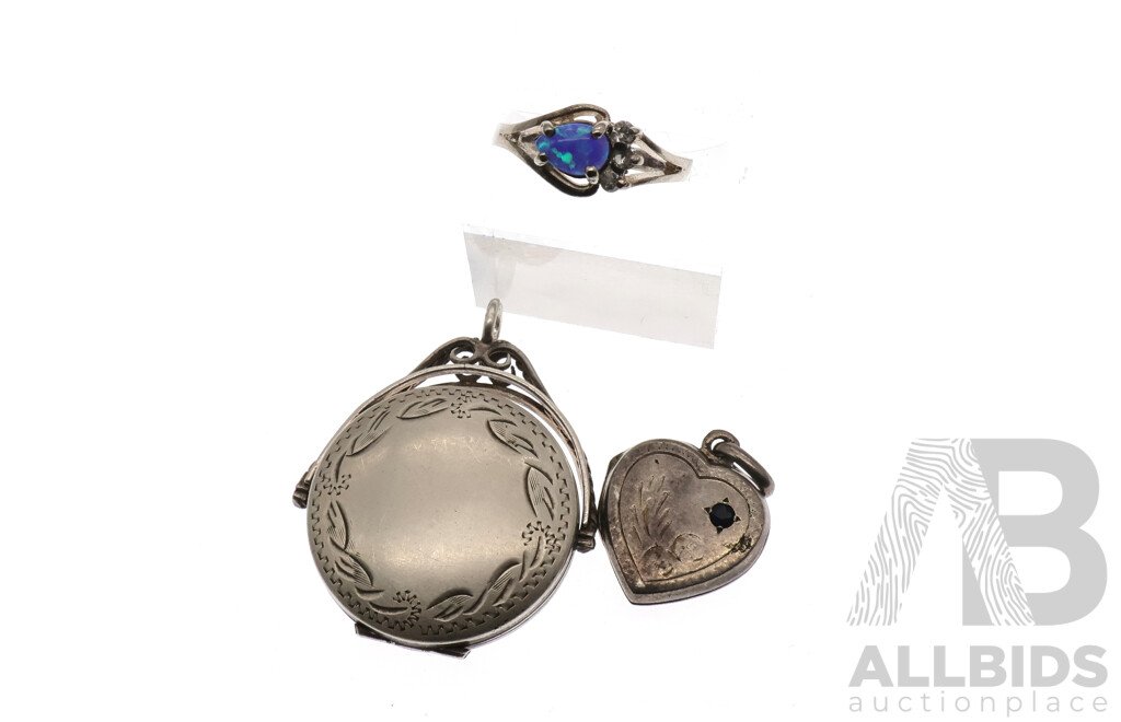 Sterling Silver Vintage (2) Lockets with Sterling Silver Synthetic Opal Ring, Size K, 13.94 Grams