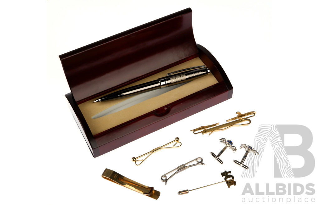 Collection of Tie Bars, Cufflinks and Pin and Direct Travel Boxed Pen