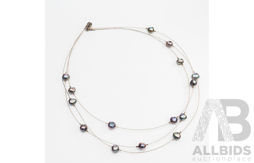 Sterling Silver Wire Floating Pearl Necklet with Aubergine Cultured Pearls, in Presentation Box, 7.0 Grams