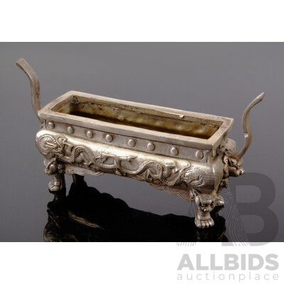 Vintage Asian White Metal Incense Burner Trough with Dragon Motif to Sides