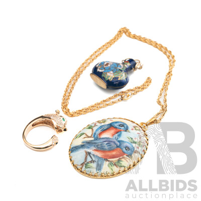 Gold Tone Panther Ring with Pave Cz Detail, Vintage Cloisonne Vessel Pendant and Hand Painted Oval Bird Pendant on Gold Tone Chain