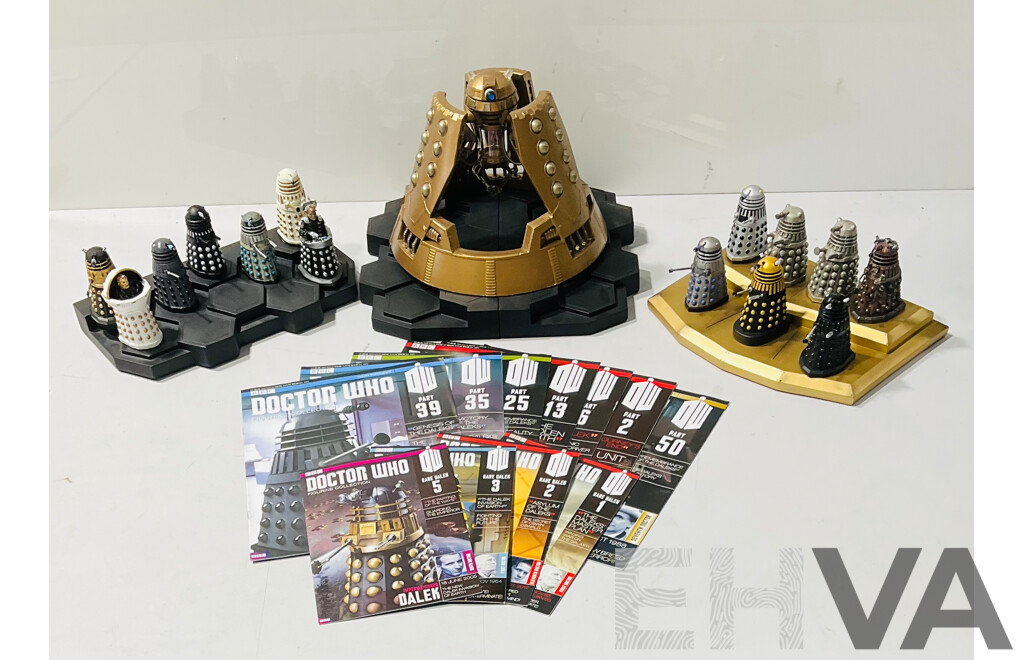 Collection of Doctor Who Figurine Collection From Eaglemoss Publication Dalek Figures and Magazines Including the Dalek Emperor, Davros and Much More