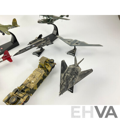 Collection of Diecast and Plastic Military Aircraft and Vehicles Including SR-71 Blackbird, Lockheed Night Hawk, Dornier DO 24T, F-117 Stealth and More