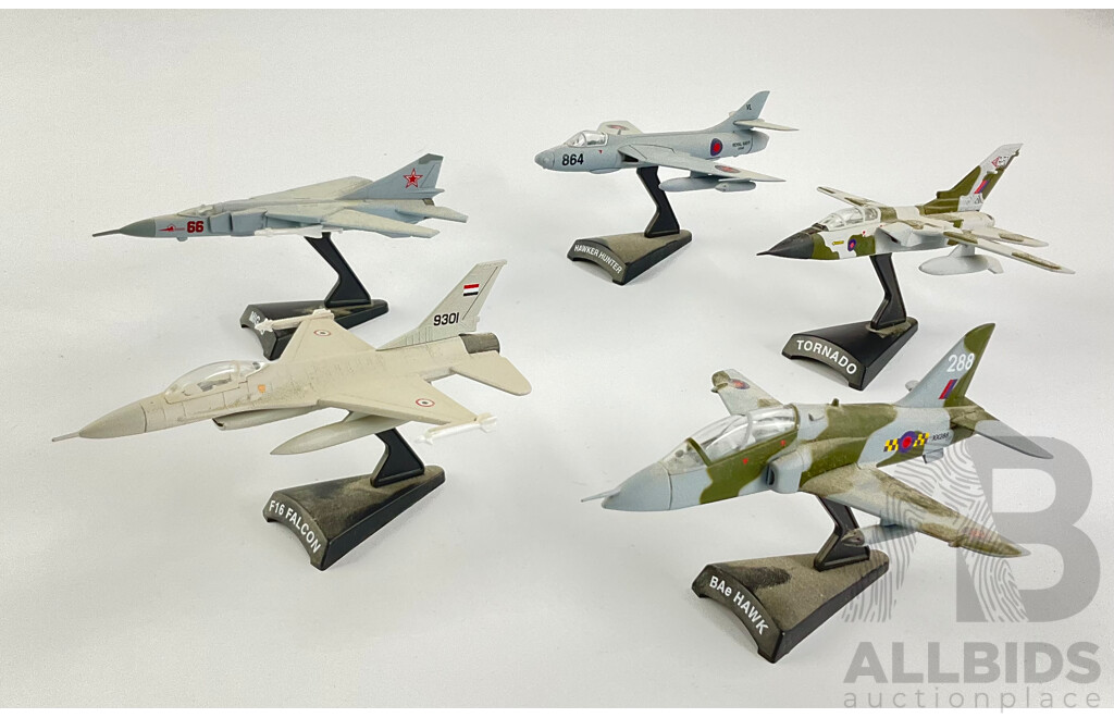 Five Diecast Fighter Jets on Display Stands Including Tornado, BAE Hawk, Mig-23, F16 Falcon and Hawker Hunter