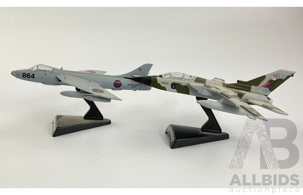 Five Diecast Fighter Jets on Display Stands Including Tornado, BAE Hawk, Mig-23, F16 Falcon and Hawker Hunter