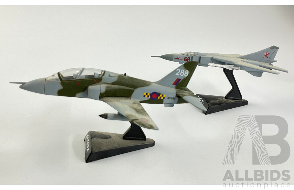 Five Diecast Fighter Jets on Display Stands Including Tornado, BAE Hawk, Mig-23, F16 Falcon and Hawker Hunter