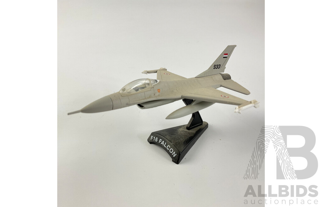 Five Diecast Fighter Jets on Display Stands Including Tornado, BAE Hawk, Mig-23, F16 Falcon and Hawker Hunter