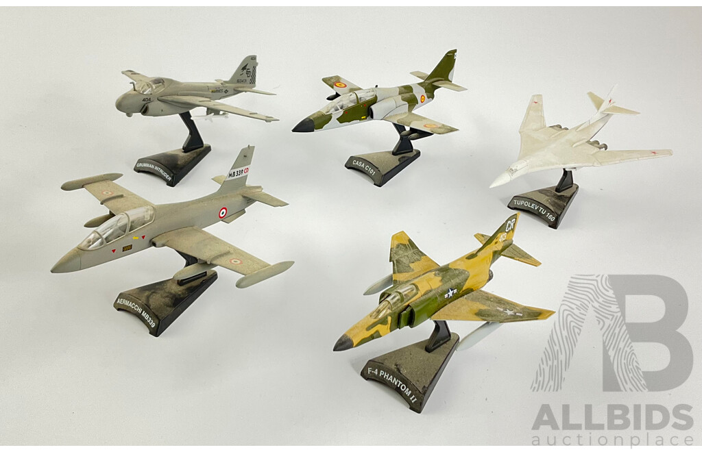 Five Diecast Fighter Jets on Display Stands Including Grumman Intruder, Aemacchi, F-4 Phantom II, Tupolev TU 160 and Casa C-101 - 1:100 Scale