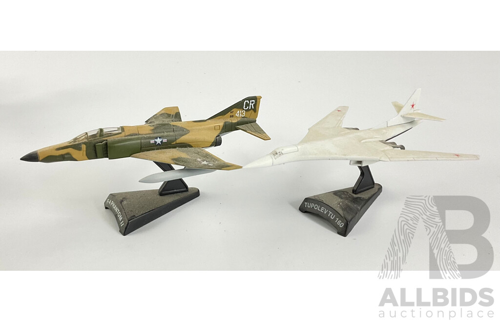 Five Diecast Fighter Jets on Display Stands Including Grumman Intruder, Aemacchi, F-4 Phantom II, Tupolev TU 160 and Casa C-101 - 1:100 Scale