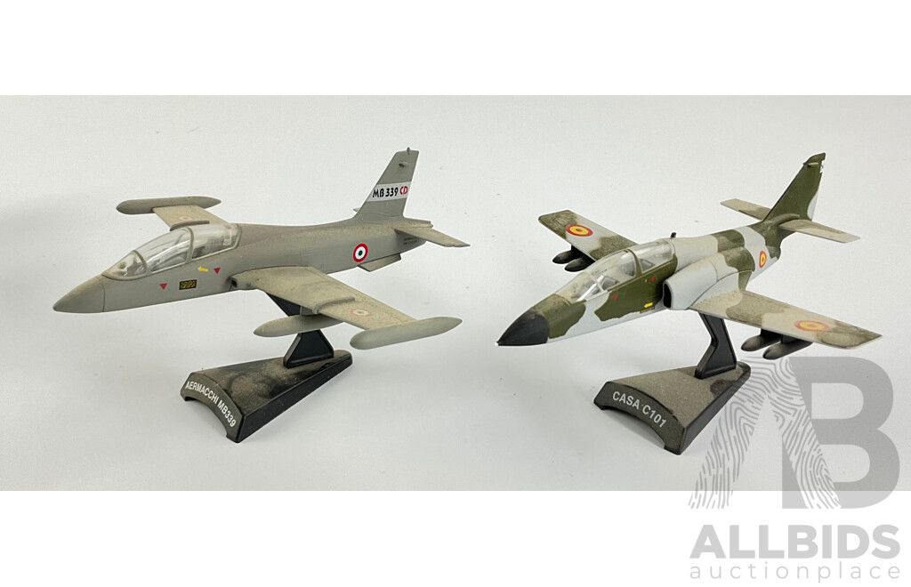 Five Diecast Fighter Jets on Display Stands Including Grumman Intruder, Aemacchi, F-4 Phantom II, Tupolev TU 160 and Casa C-101 - 1:100 Scale