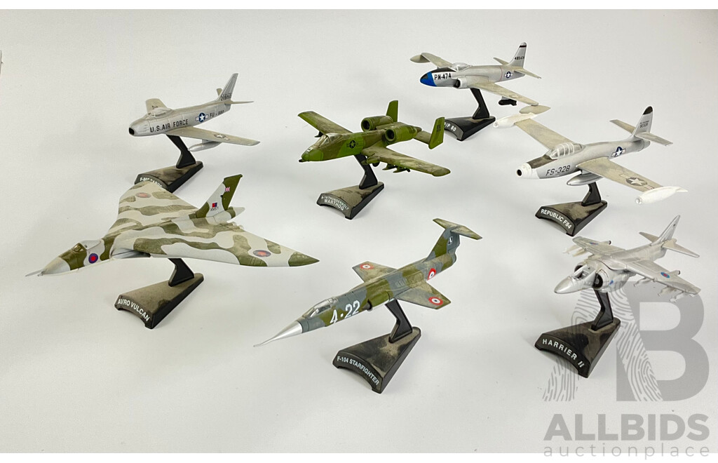 Six Diecast Vintage Fighter Jets on Display Stands Including Harrier II, Avro Vulcan, F-86F Sabre, F-104 Starfighter, Republic F-84, A-10 Thunderbolt Warthog, F/P 80 - 1:100 Scale