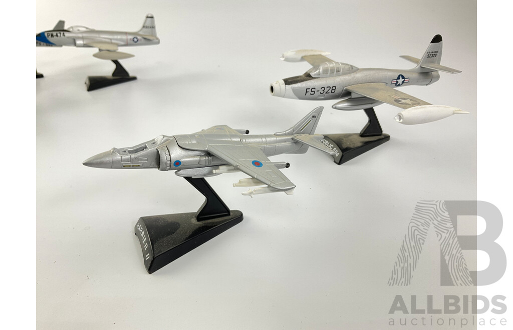 Six Diecast Vintage Fighter Jets on Display Stands Including Harrier II, Avro Vulcan, F-86F Sabre, F-104 Starfighter, Republic F-84, A-10 Thunderbolt Warthog, F/P 80 - 1:100 Scale