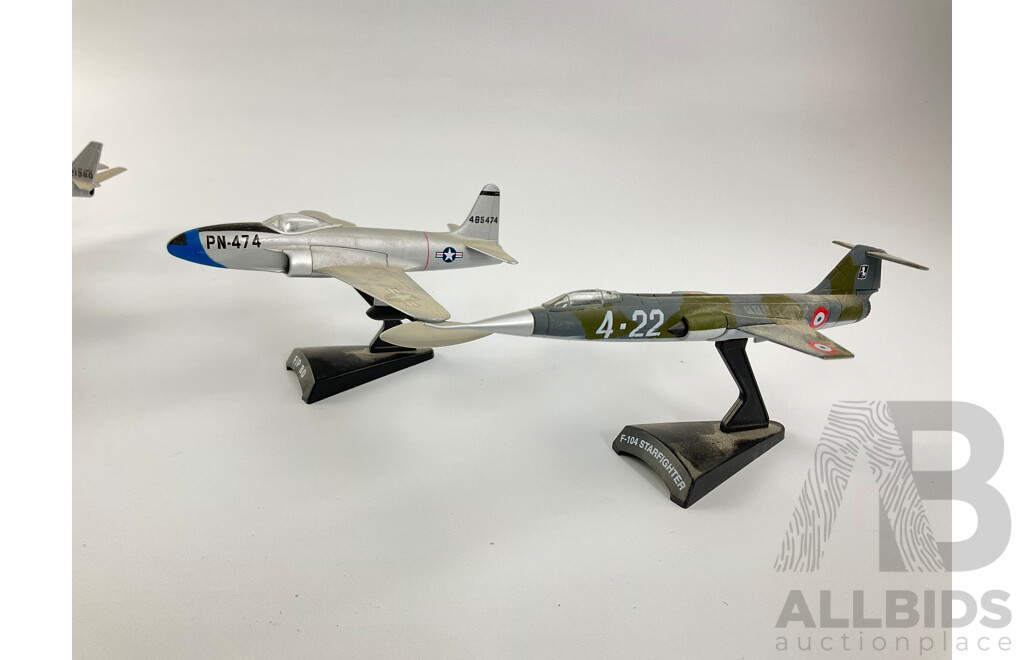 Six Diecast Vintage Fighter Jets on Display Stands Including Harrier II, Avro Vulcan, F-86F Sabre, F-104 Starfighter, Republic F-84, A-10 Thunderbolt Warthog, F/P 80 - 1:100 Scale