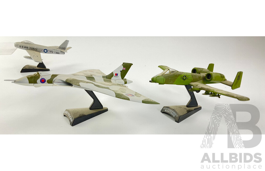 Six Diecast Vintage Fighter Jets on Display Stands Including Harrier II, Avro Vulcan, F-86F Sabre, F-104 Starfighter, Republic F-84, A-10 Thunderbolt Warthog, F/P 80 - 1:100 Scale