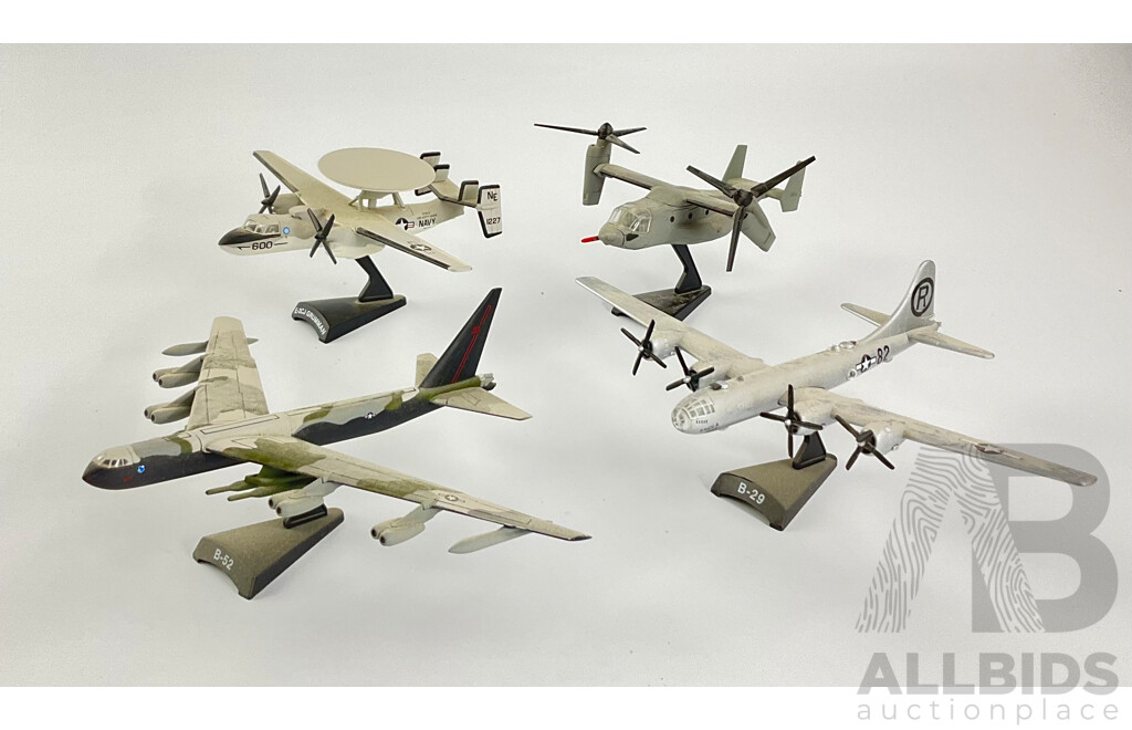 Four Diecast Military Propeller Aircraft on Display Stands Including E-2CJ Grumman, B-52, B29, Bell Boe Osprey