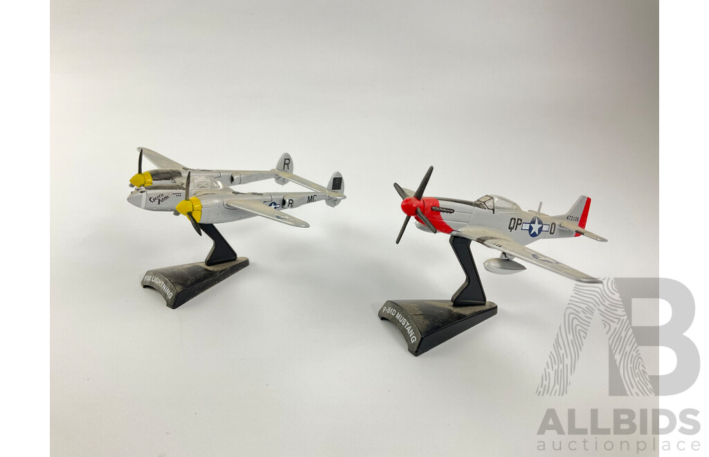 Six Diecast Military Propeller Aircraft on Display Stands Including F4U Corsair, P51D Mustang, P-47 Thunderbolt, A-1Hskyraider, F4F Wildcat, P-38 Lightning