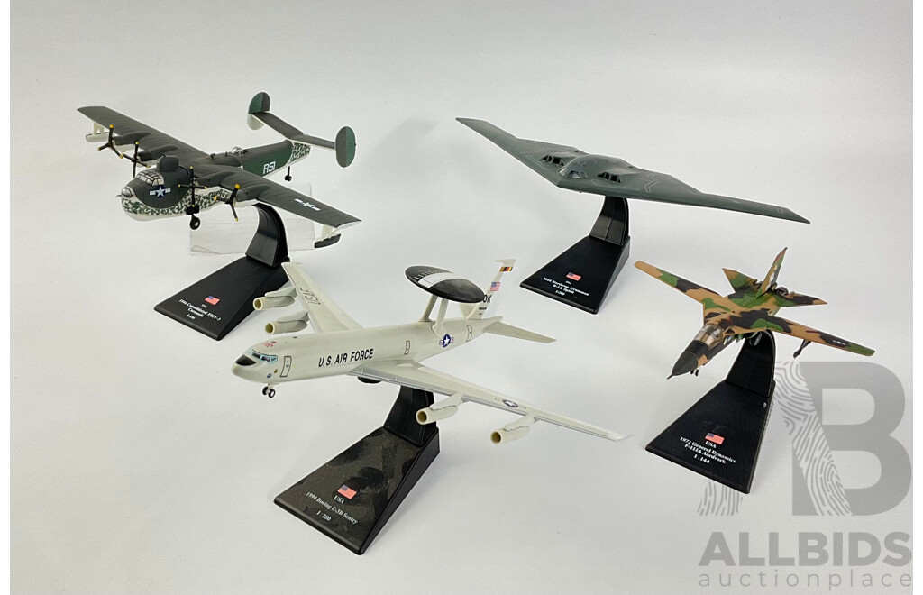 Collection of American Model Aircraft on Display Stands Including 1944 Consolidated PBY-3 Coronado, 1994boring E-3B Sentry, 1972 General DynamicsF111A Aardvark and 2004 Northrop Grunman B-A Spirit