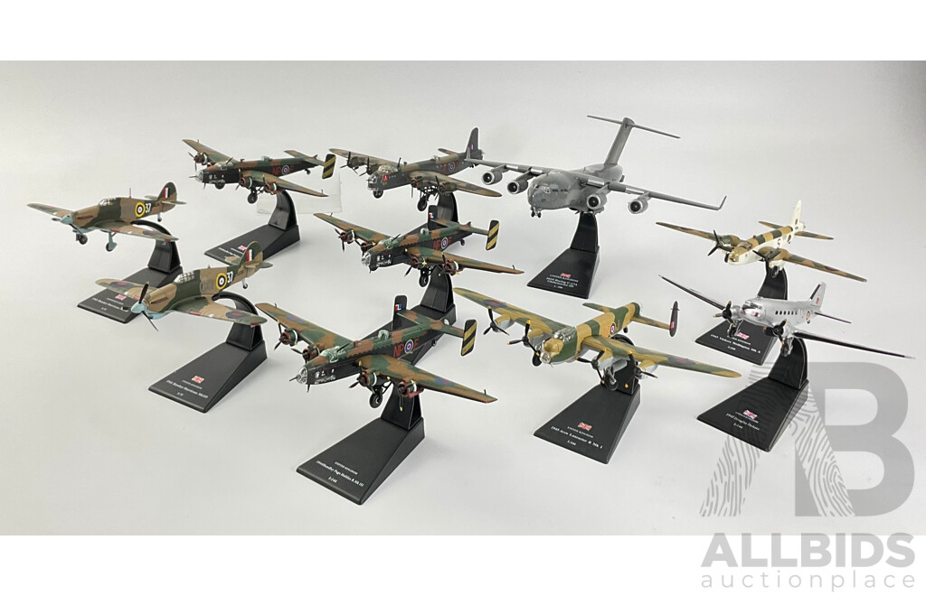 Collection of United Kingdom Model Aircraft on Display Stands Examples From 1941 Hawker Hurricane MK-11B to 2010 Boeing C-17A Globemaster III