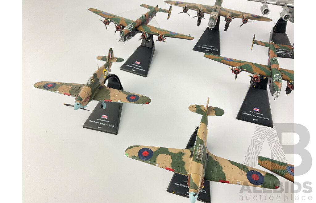 Collection of United Kingdom Model Aircraft on Display Stands Examples From 1941 Hawker Hurricane MK-11B to 2010 Boeing C-17A Globemaster III