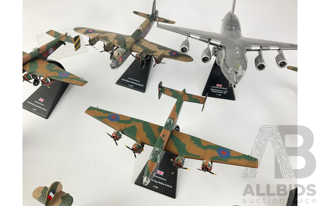 Collection of United Kingdom Model Aircraft on Display Stands Examples From 1941 Hawker Hurricane MK-11B to 2010 Boeing C-17A Globemaster III