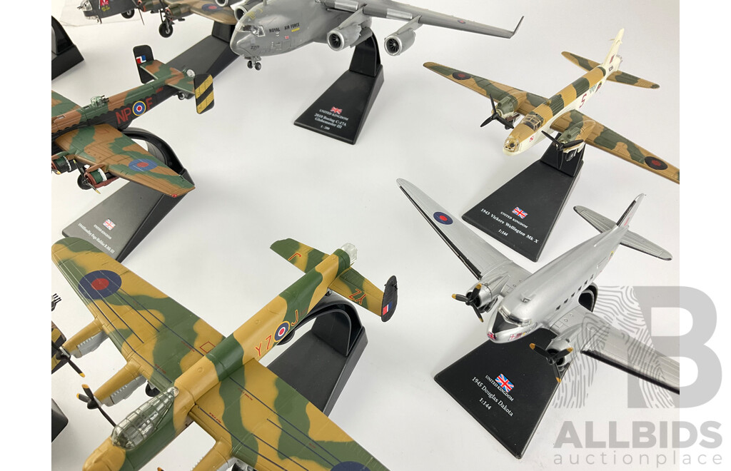 Collection of United Kingdom Model Aircraft on Display Stands Examples From 1941 Hawker Hurricane MK-11B to 2010 Boeing C-17A Globemaster III