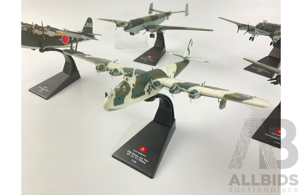 Collection of WW2 German and Japanese Model Aircraft on Display Stands Including 1943 Kawanishi H8K2 Emily, 1944 Blohm Und Voss V2 Wiking, 1944 Junkers JU-88A-4, 1944 Junkers JU-290A-5, 1942 Focke -Wulf FW 200-C4