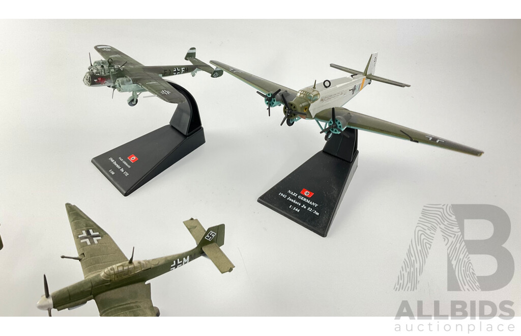 Collection of Diecast German WW2 Aircraft Including 1940 Dorimer, 1942 Junkers Ju 52/3, Focke-Wulf 190, Messerschmitt ME-109 and ME-262, JU 87 Stuka