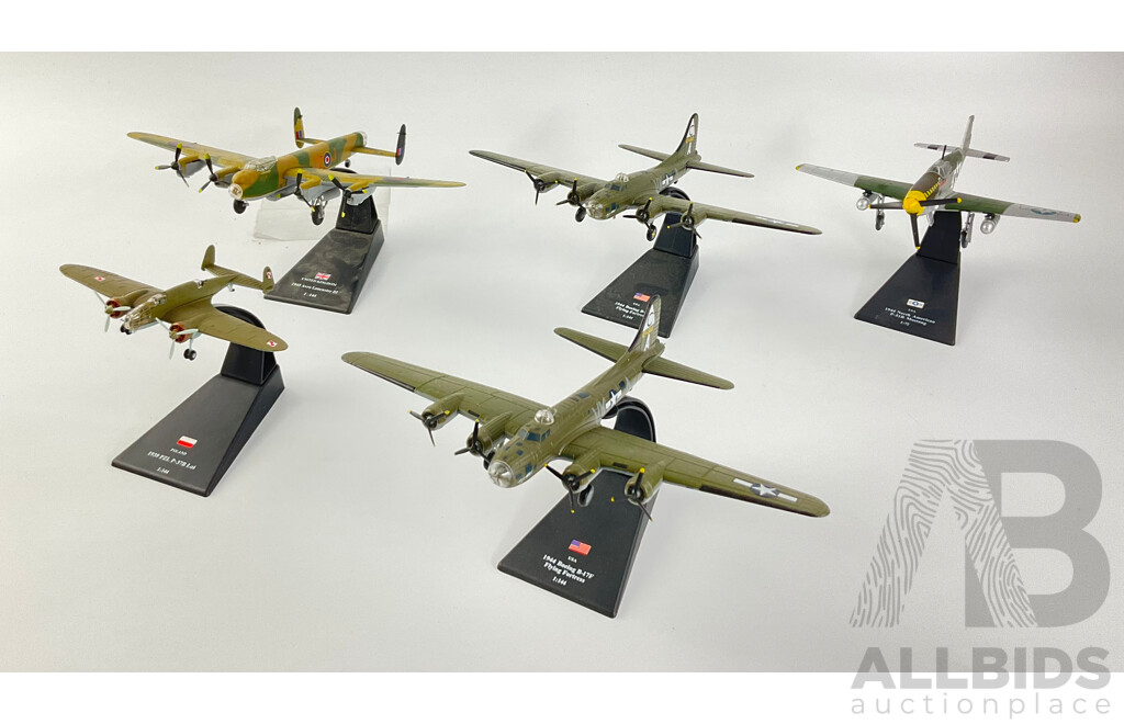 Collection of Diecast Allied WW2 Aircraft Including 1945 Avro Lancaster, 1944 Flying Fortress(2) P51-P Mustang, PZL-P 37B