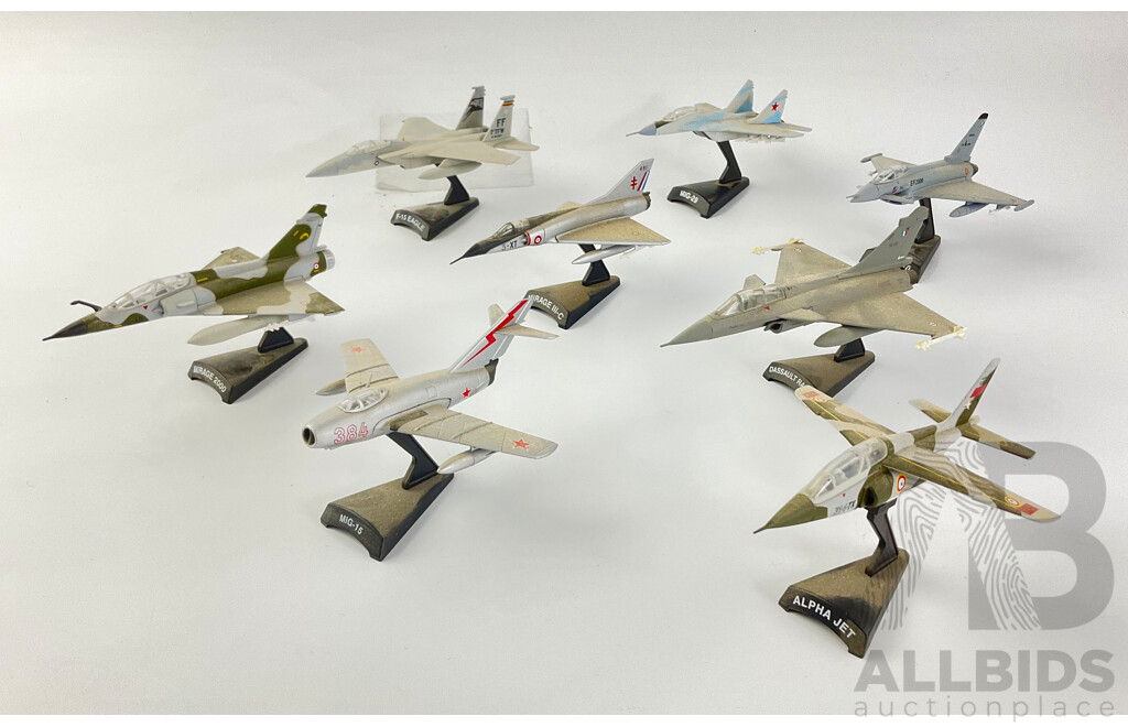 Collection of Diecast Military Jet Aircraft Including Alpha Jet, Mig-15, Mirage 2000, Dassult Rafale, Mirage III-C, F-15 Eagle, Mig-29, EFA 2000