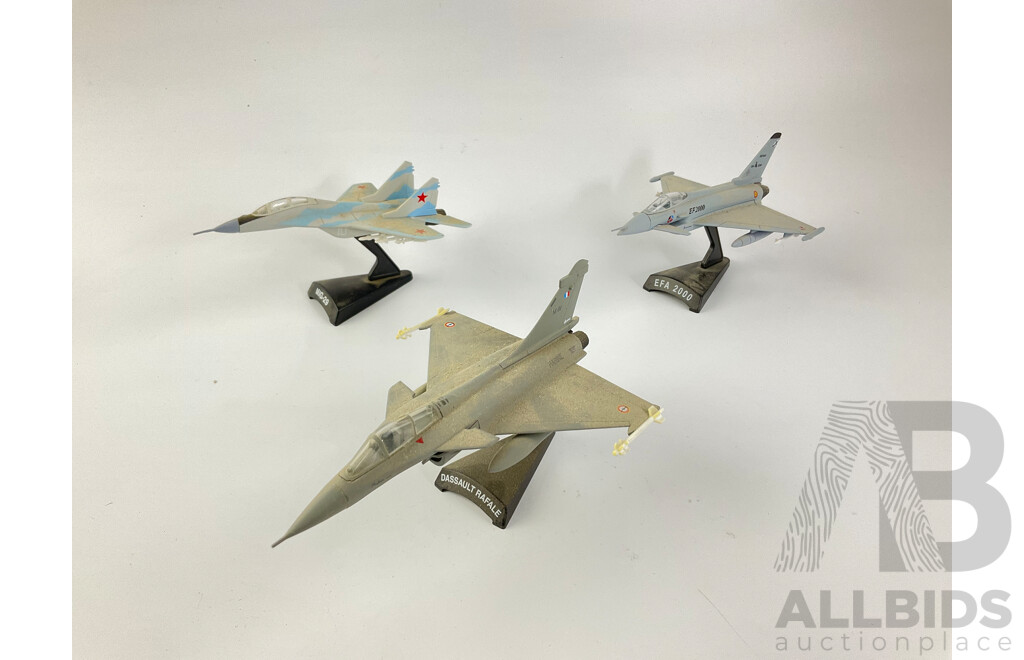 Collection of Diecast Military Jet Aircraft Including Alpha Jet, Mig-15, Mirage 2000, Dassult Rafale, Mirage III-C, F-15 Eagle, Mig-29, EFA 2000