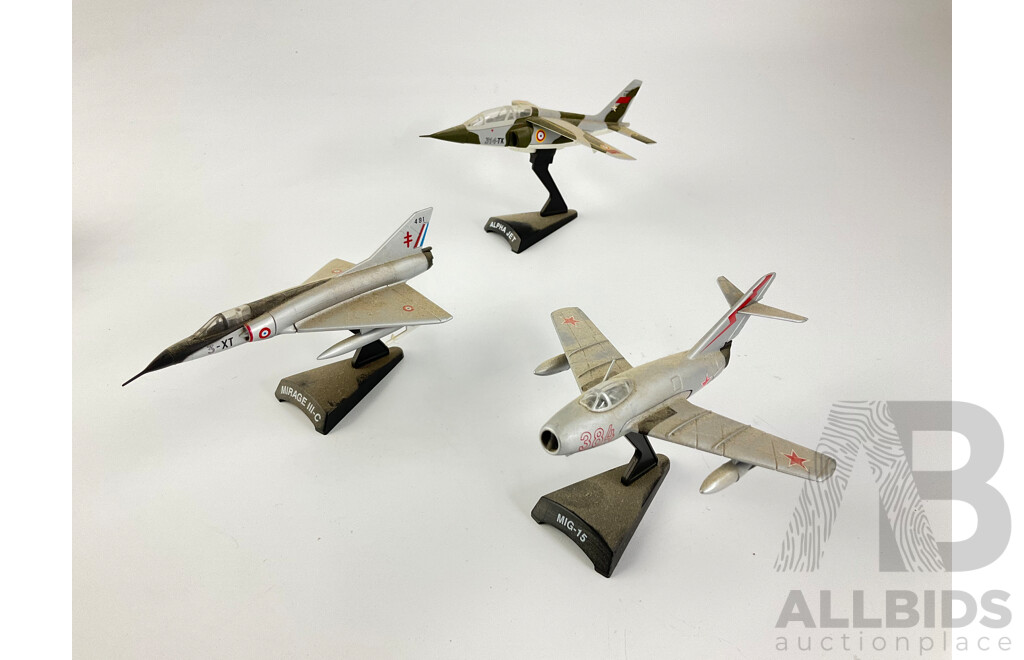 Collection of Diecast Military Jet Aircraft Including Alpha Jet, Mig-15, Mirage 2000, Dassult Rafale, Mirage III-C, F-15 Eagle, Mig-29, EFA 2000