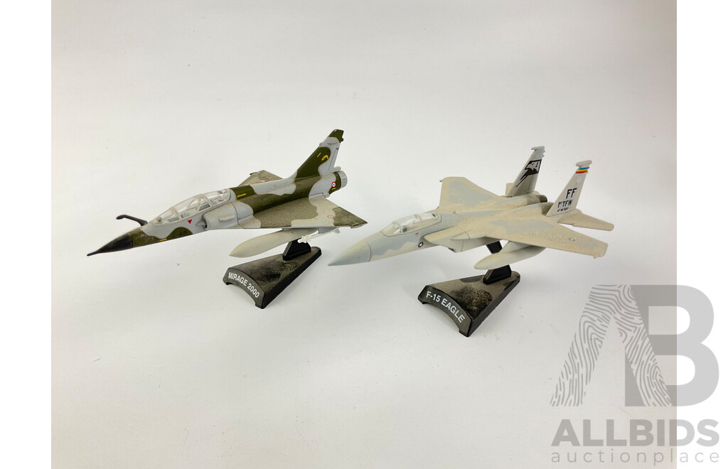 Collection of Diecast Military Jet Aircraft Including Alpha Jet, Mig-15, Mirage 2000, Dassult Rafale, Mirage III-C, F-15 Eagle, Mig-29, EFA 2000