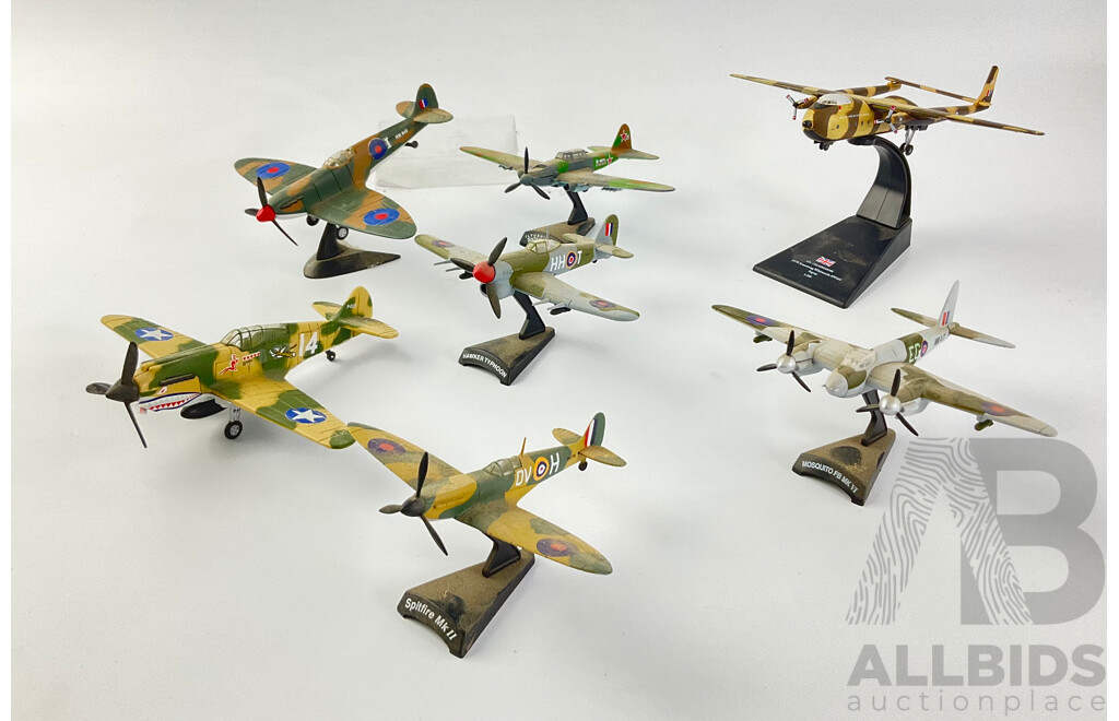 Collection of Diecast Military Propeller Aircraft Including 1970 Armstrong Whitworth AW660, Spitfire MK II Hawker Typhoon, Mosquito FB MK VI, Ilyushin Shturmovik