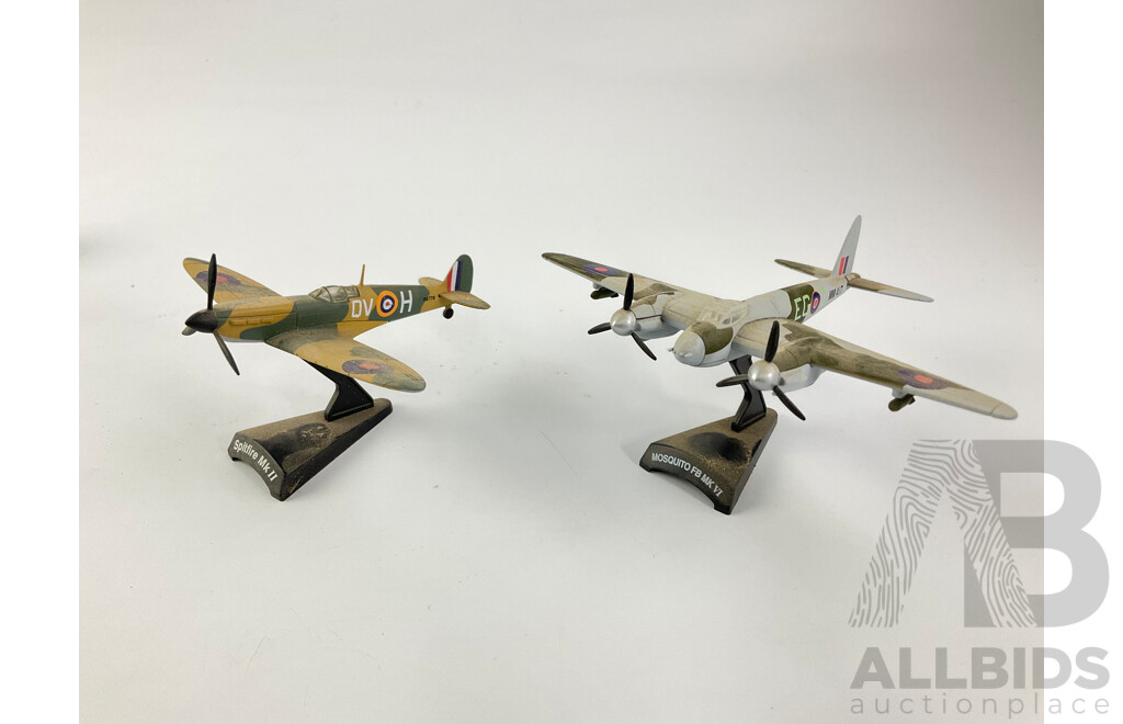 Collection of Diecast Military Propeller Aircraft Including 1970 Armstrong Whitworth AW660, Spitfire MK II Hawker Typhoon, Mosquito FB MK VI, Ilyushin Shturmovik