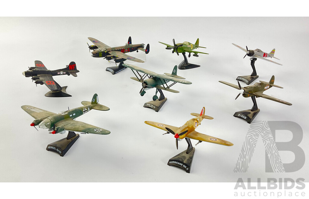 Collection of Diecast Military Propeller Aircraft Including Hurricane MK II, Heinkel HE 111, Fiat CR 42, P-40B, Avro Lancaster, Zero Fighter