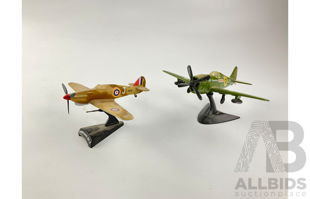 Collection of Diecast Military Propeller Aircraft Including Hurricane MK II, Heinkel HE 111, Fiat CR 42, P-40B, Avro Lancaster, Zero Fighter