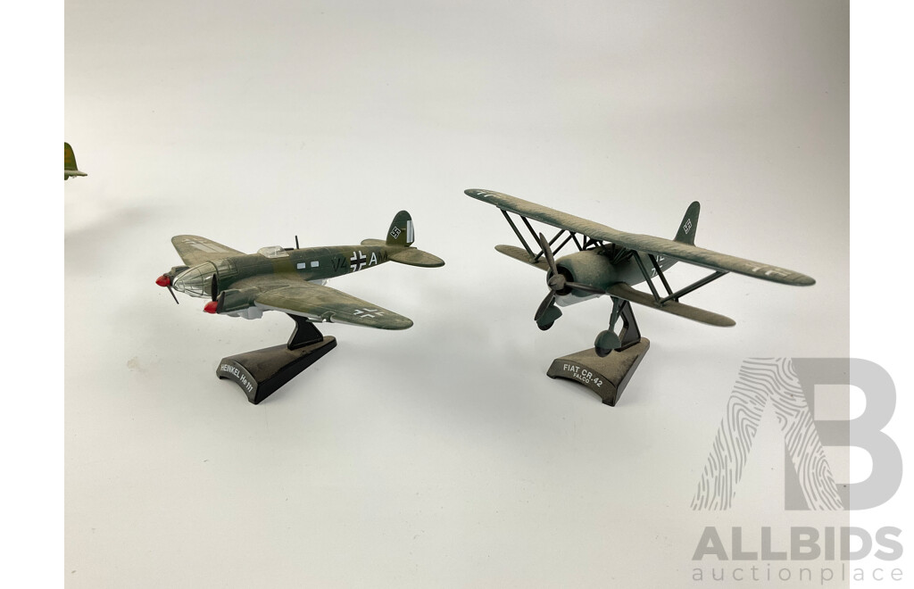 Collection of Diecast Military Propeller Aircraft Including Hurricane MK II, Heinkel HE 111, Fiat CR 42, P-40B, Avro Lancaster, Zero Fighter