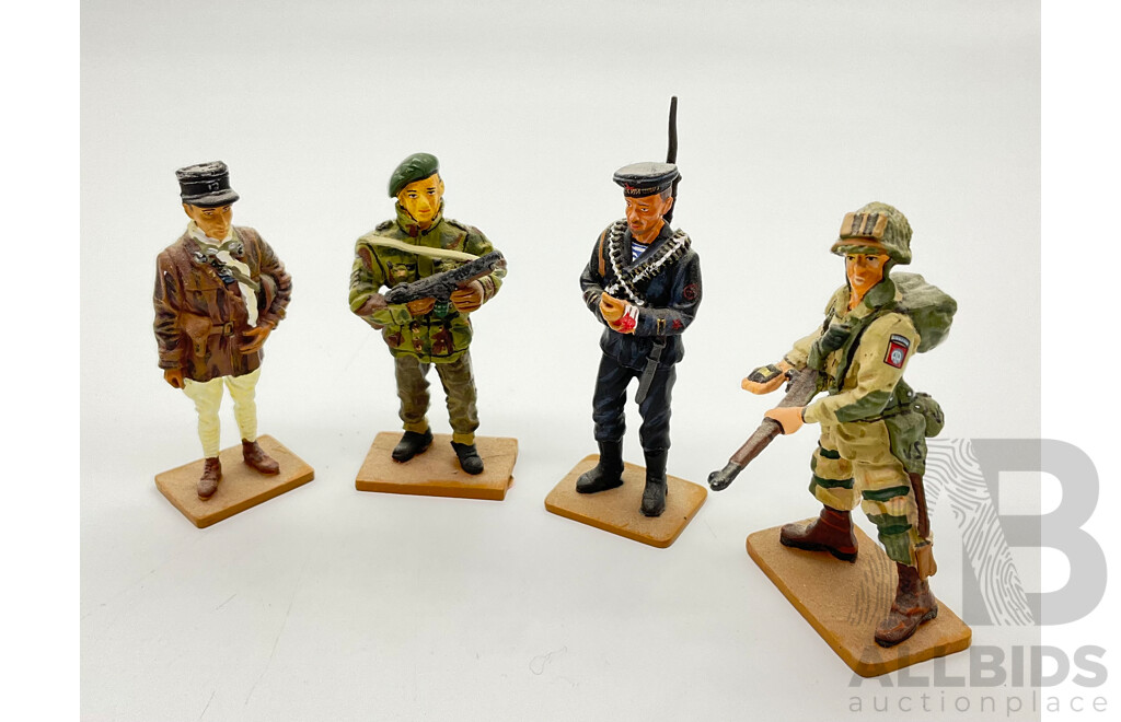 Collection of Diecast Lead Del Prado Figures Including Normandy Paratrooper, UK Army Commandos, USSR Naval Infantryman, German Warrant Officer, 1914 Prussian Lieutenant, 1939 Captain of Tanks, 1940RAF Pilot, 1914 Black Watch Piper