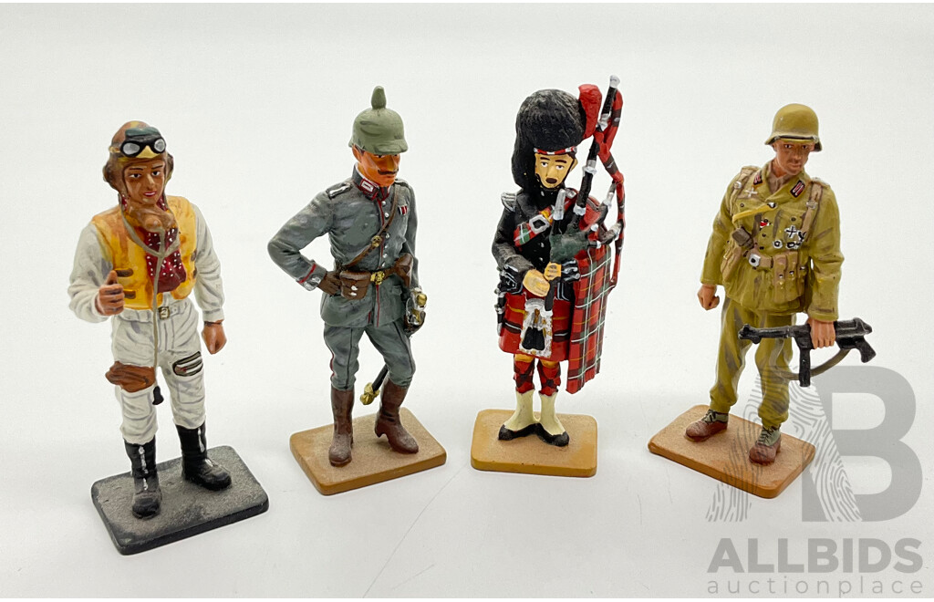 Collection of Diecast Lead Del Prado Figures Including Normandy Paratrooper, UK Army Commandos, USSR Naval Infantryman, German Warrant Officer, 1914 Prussian Lieutenant, 1939 Captain of Tanks, 1940RAF Pilot, 1914 Black Watch Piper