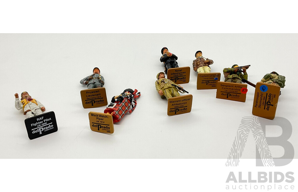 Collection of Diecast Lead Del Prado Figures Including Normandy Paratrooper, UK Army Commandos, USSR Naval Infantryman, German Warrant Officer, 1914 Prussian Lieutenant, 1939 Captain of Tanks, 1940RAF Pilot, 1914 Black Watch Piper