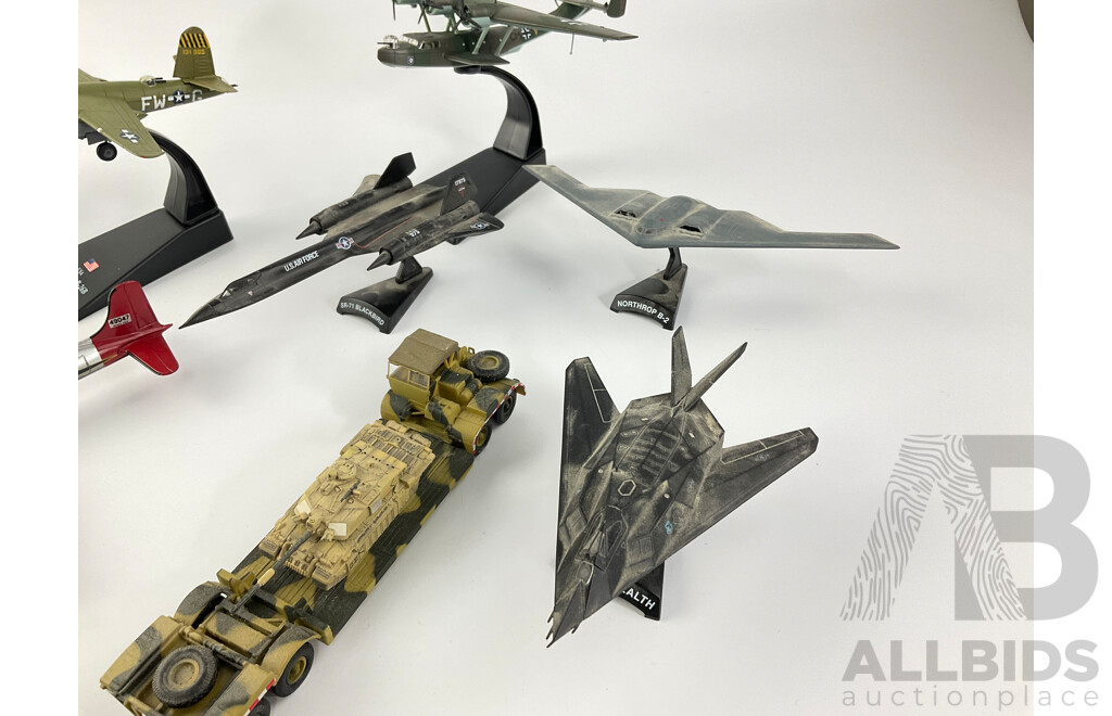 Collection of Diecast and Plastic Military Aircraft and Vehicles Including SR-71 Blackbird, Lockheed Night Hawk, Dornier DO 24T, F-117 Stealth and More