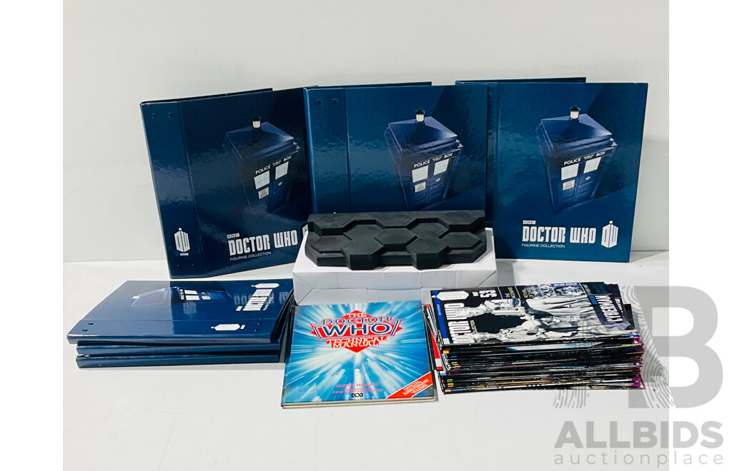 Collection of Doctor Who Figurine Collection Magazines, Displays, and Folders Along with the Doctor Who Technical Manual