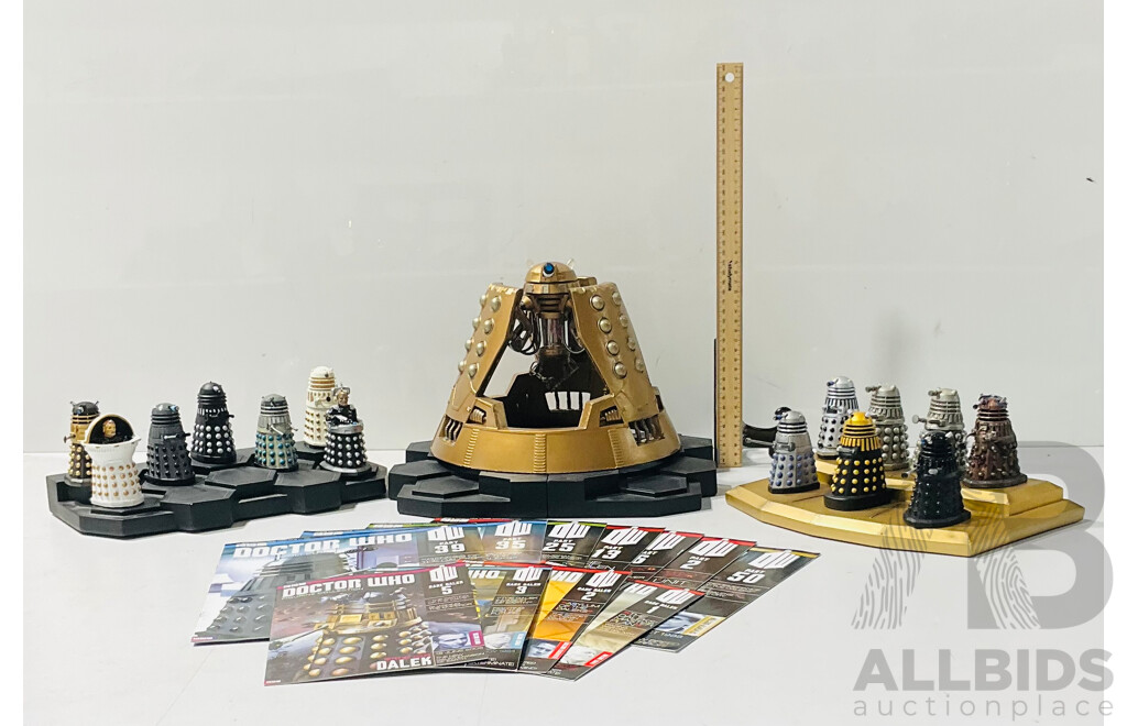 Collection of Doctor Who Figurine Collection From Eaglemoss Publication Dalek Figures and Magazines Including the Dalek Emperor, Davros and Much More