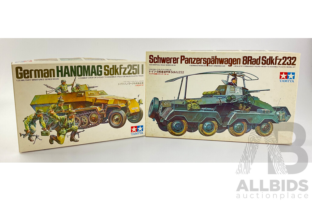 Vintage Tamiya Model Schwerer Panzerspahwagen SD KFZ 232 and German Hanomag SD KFZ 251/1 Both 1:35 Scale